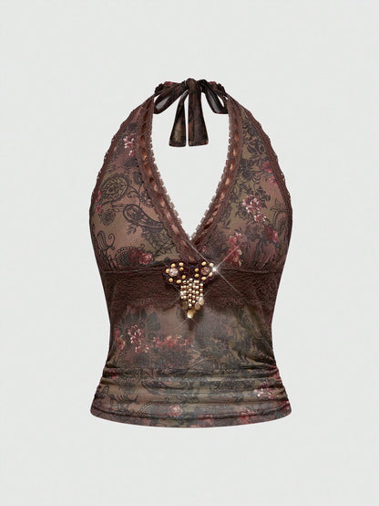ROMWE Hippie Parte superior de halter con detalles de flecos y encaje de estilo retro hippie para vacaciones