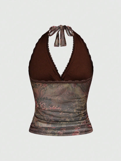 ROMWE Hippie Parte superior de halter con detalles de flecos y encaje de estilo retro hippie para vacaciones