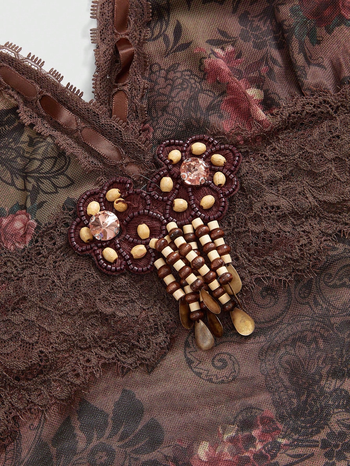 ROMWE Hippie Parte superior de halter con detalles de flecos y encaje de estilo retro hippie para vacaciones