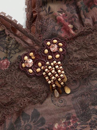ROMWE Hippie Parte superior de halter con detalles de flecos y encaje de estilo retro hippie para vacaciones