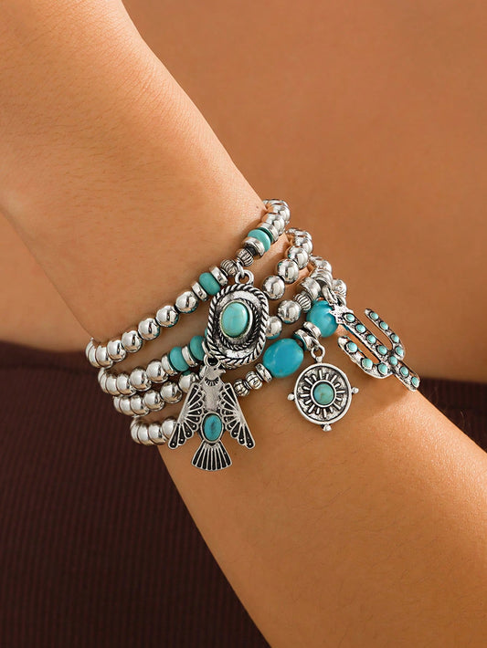 ROMWE Hippie Set de 4 piezas con pulsera tipo brazalete con cuenta de águila/sombrero de vaquero/cactus de turquesa al estilo hippie y occidental