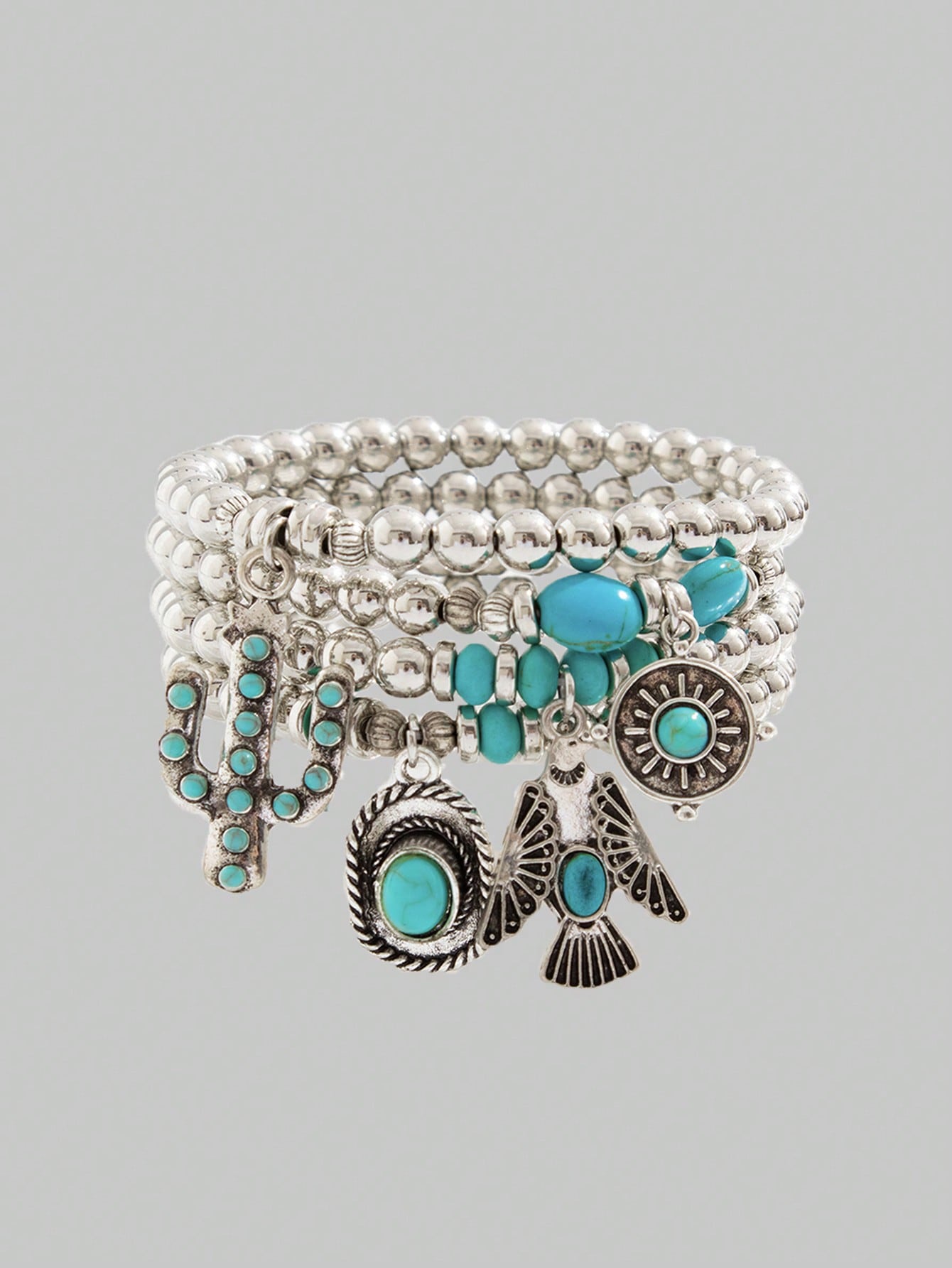 ROMWE Hippie Set de 4 piezas con pulsera tipo brazalete con cuenta de águila/sombrero de vaquero/cactus de turquesa al estilo hippie y occidental