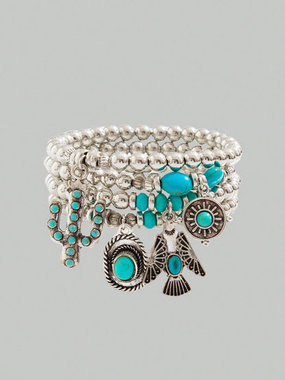 ROMWE Hippie Set de 4 piezas con pulsera tipo brazalete con cuenta de águila/sombrero de vaquero/cactus de turquesa al estilo hippie y occidental