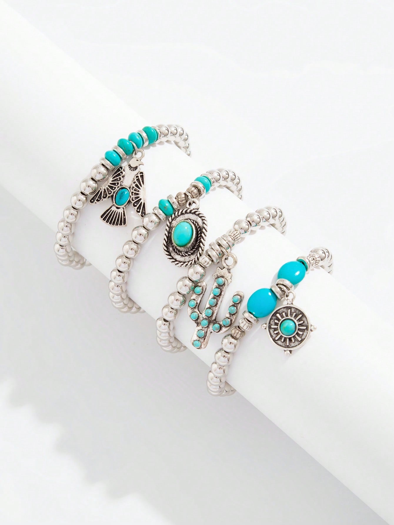 ROMWE Hippie Set de 4 piezas con pulsera tipo brazalete con cuenta de águila/sombrero de vaquero/cactus de turquesa al estilo hippie y occidental