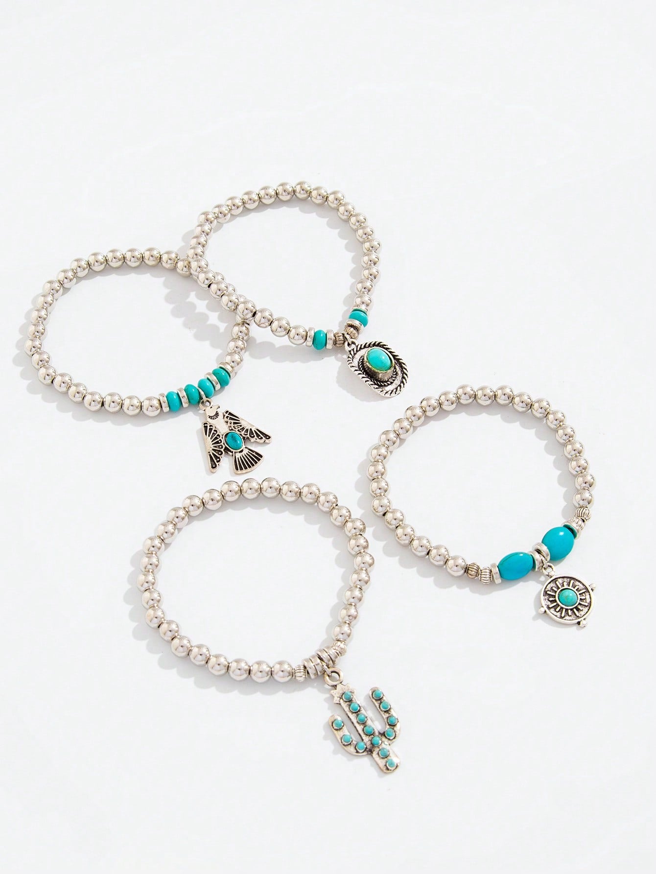 ROMWE Hippie Set de 4 piezas con pulsera tipo brazalete con cuenta de águila/sombrero de vaquero/cactus de turquesa al estilo hippie y occidental