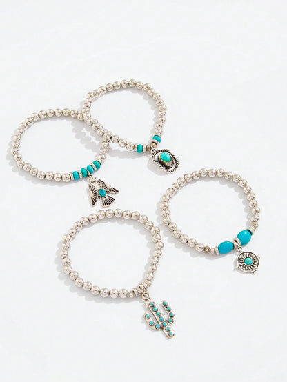 ROMWE Hippie Set de 4 piezas con pulsera tipo brazalete con cuenta de águila/sombrero de vaquero/cactus de turquesa al estilo hippie y occidental