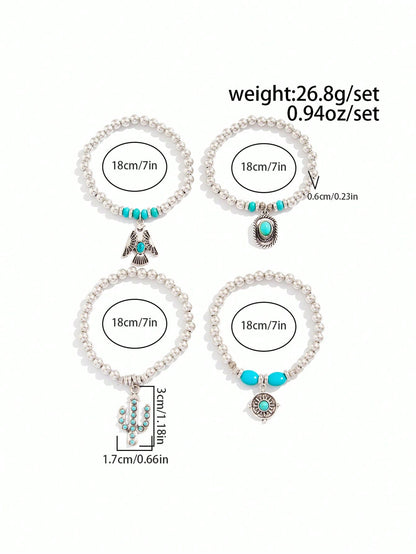 ROMWE Hippie Set de 4 piezas con pulsera tipo brazalete con cuenta de águila/sombrero de vaquero/cactus de turquesa al estilo hippie y occidental
