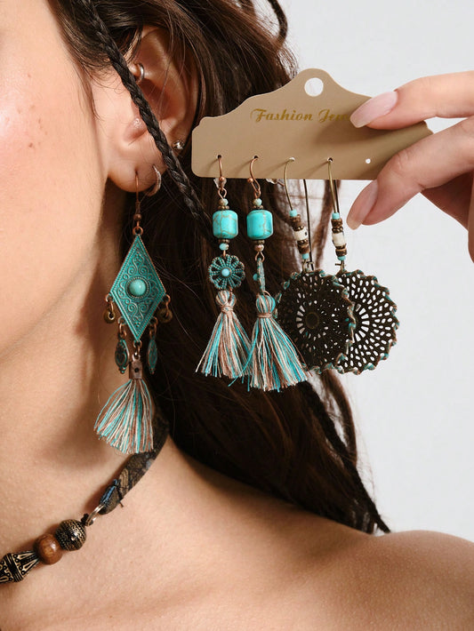 ROMWE Hippie Set de 6 pendientes de aro largos con colgantes geométricos en color verde turquesa con flecos, joyas bohemias para mujeres