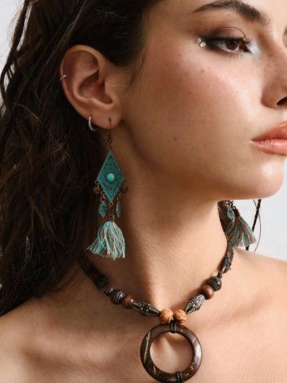 ROMWE Hippie Set de 6 pendientes de aro largos con colgantes geométricos en color verde turquesa con flecos, joyas bohemias para mujeres
