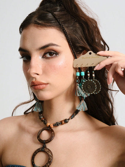 ROMWE Hippie Set de 6 pendientes de aro largos con colgantes geométricos en color verde turquesa con flecos, joyas bohemias para mujeres