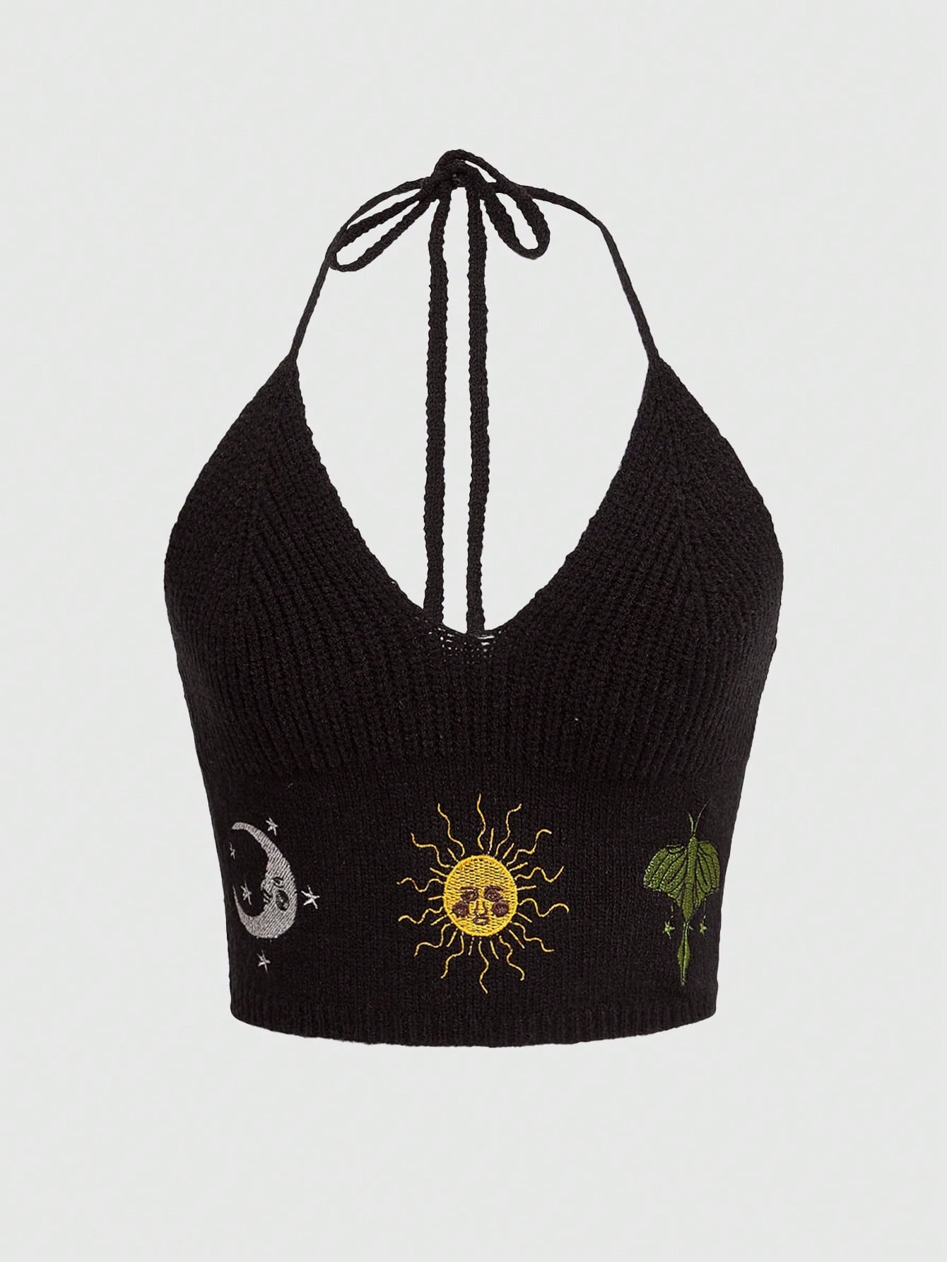 ROMWE Hippie Suéter de punto halter con estampado de girasoles para mujer