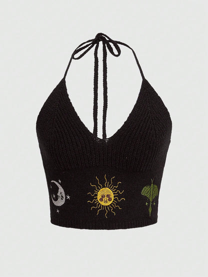 ROMWE Hippie Suéter de punto halter con estampado de girasoles para mujer
