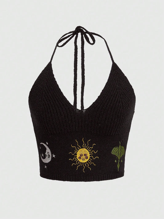 ROMWE Hippie Suéter de punto halter con estampado de girasoles para mujer