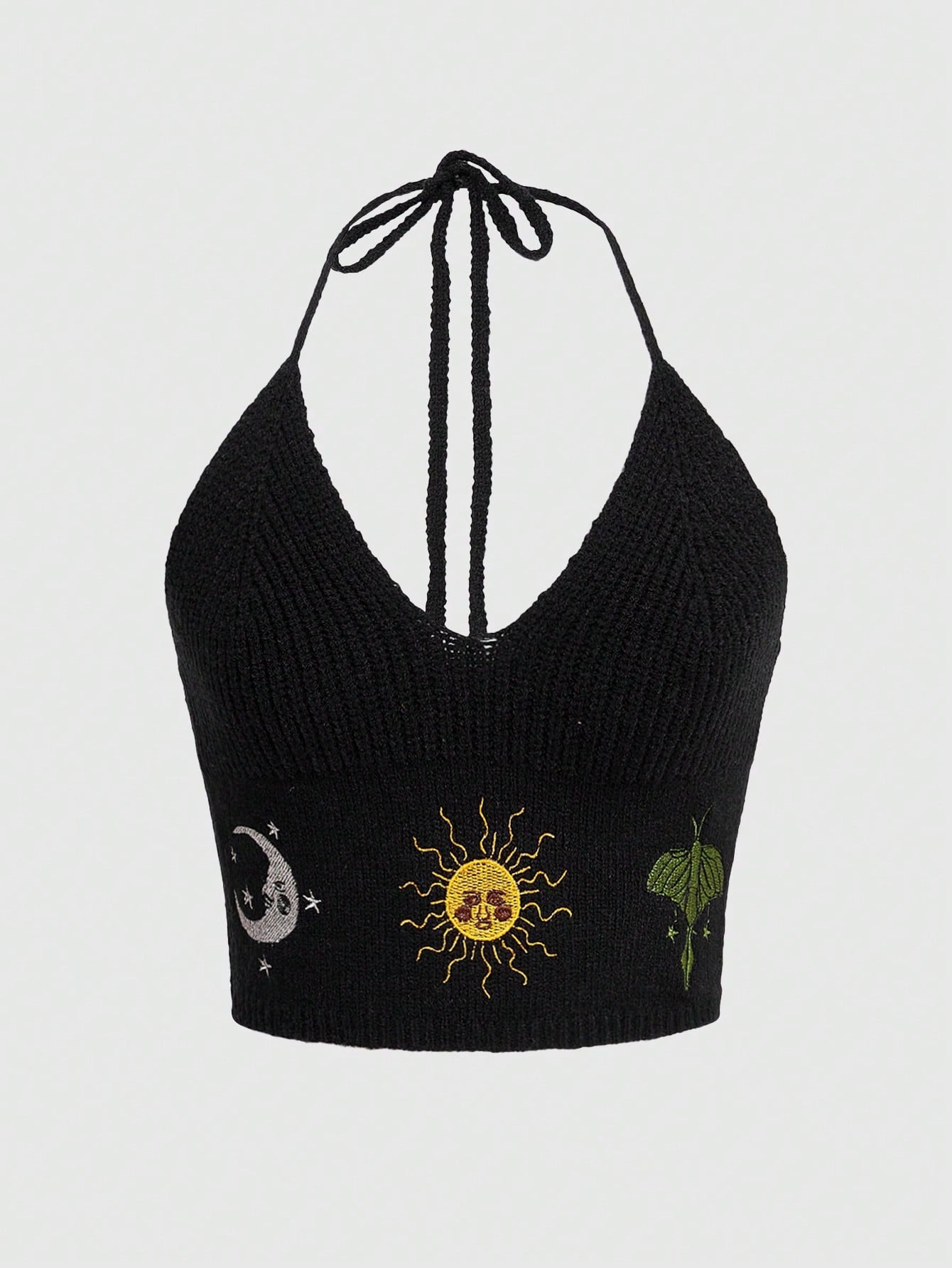 ROMWE Hippie Top De Punto Con Bordado De Sol Y Luna Y Diseño Halter