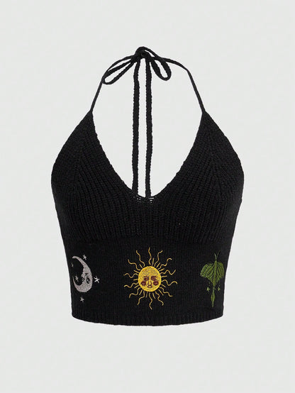 ROMWE Hippie Top De Punto Con Bordado De Sol Y Luna Y Diseño Halter