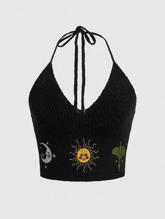 ROMWE Hippie Top De Punto Con Bordado De Sol Y Luna Y Diseño Halter