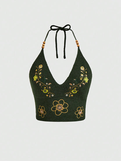 ROMWE Hippie Top de punto halter sin espalda con bordado floral
