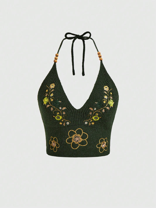 ROMWE Hippie Top de punto halter sin espalda con bordado floral