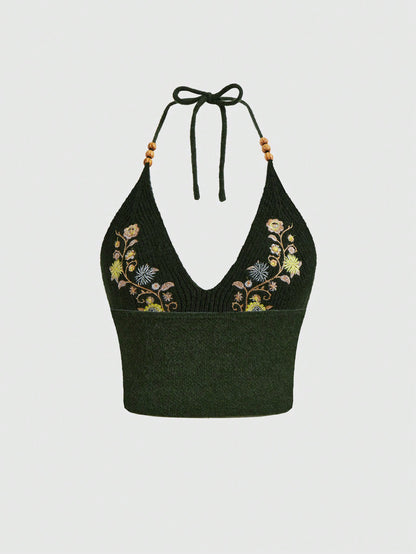 ROMWE Hippie Top de punto halter sin espalda con bordado floral