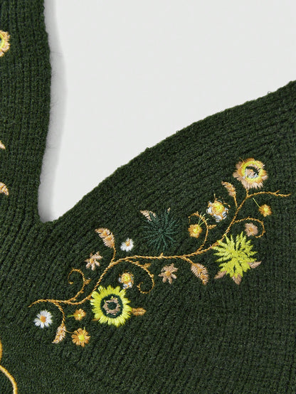 ROMWE Hippie Top de punto halter sin espalda con bordado floral