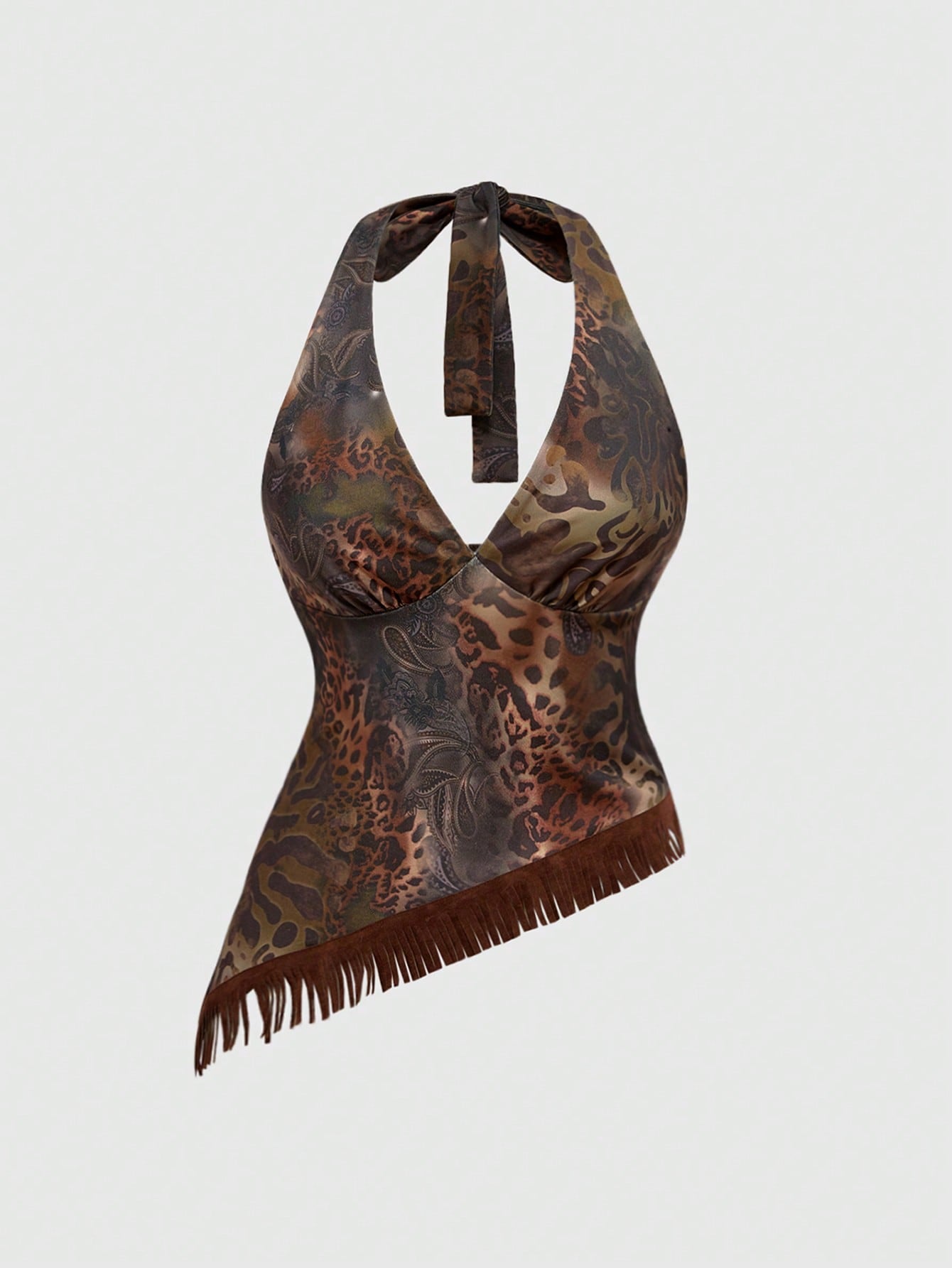 ROMWE Hippie Top de tirantes con estampado de leopardo con flecos estilo hippie y western para mujer