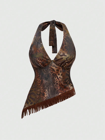 ROMWE Hippie Top de tirantes con estampado de leopardo con flecos estilo hippie y western para mujer
