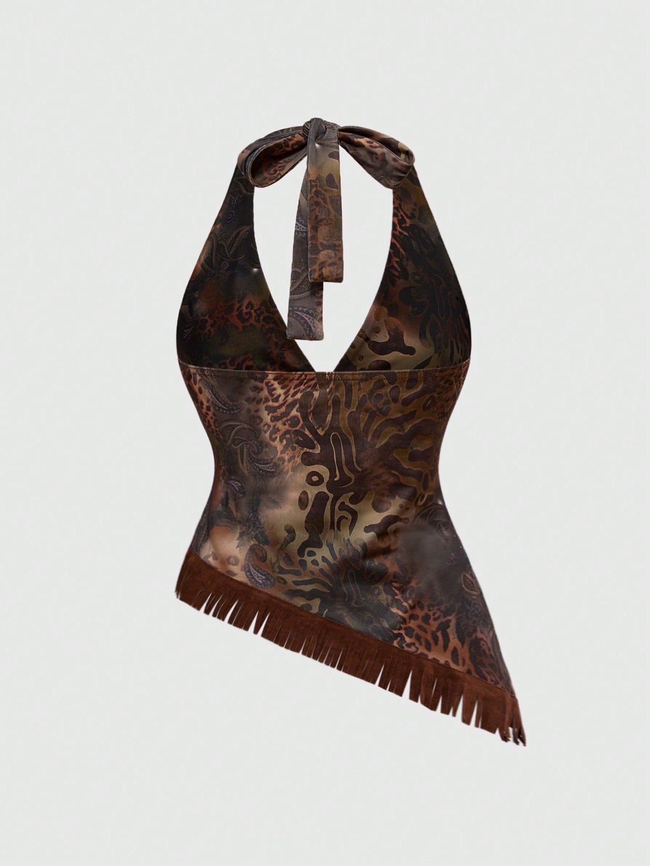 ROMWE Hippie Top de tirantes con estampado de leopardo con flecos estilo hippie y western para mujer