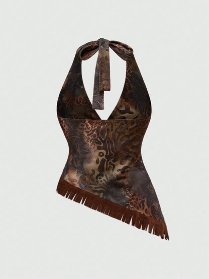 ROMWE Hippie Top de tirantes con estampado de leopardo con flecos estilo hippie y western para mujer