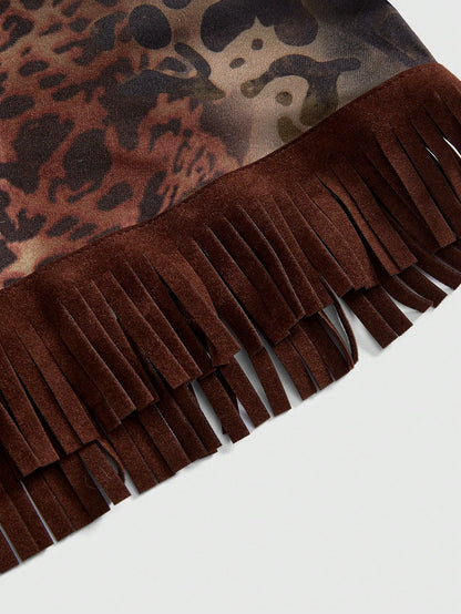 ROMWE Hippie Top de tirantes con estampado de leopardo con flecos estilo hippie y western para mujer