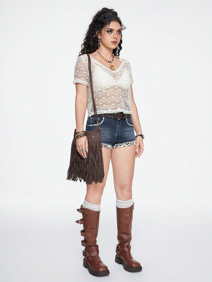 ROMWE Hippie Top de vacaciones bohemia jacquard tejida con diseño calado