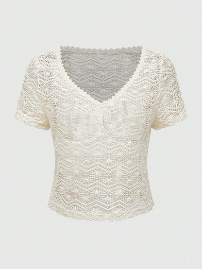 ROMWE Hippie Top de vacaciones bohemia jacquard tejida con diseño calado