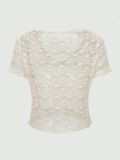 ROMWE Hippie Top de vacaciones bohemia jacquard tejida con diseño calado