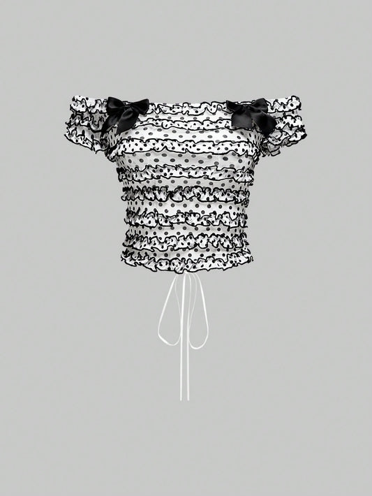 ROMWE Hippie Top para mujer con corte off-shoulder, fruncido, lunares, volantes, espalda descubierta y cordones, en estilo Y2K