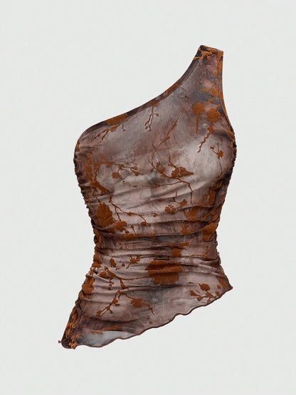 ROMWE Hippie Top sin mangas con efecto arrugado lateral y estampado de teñido anudado con estilo hippie para mujer