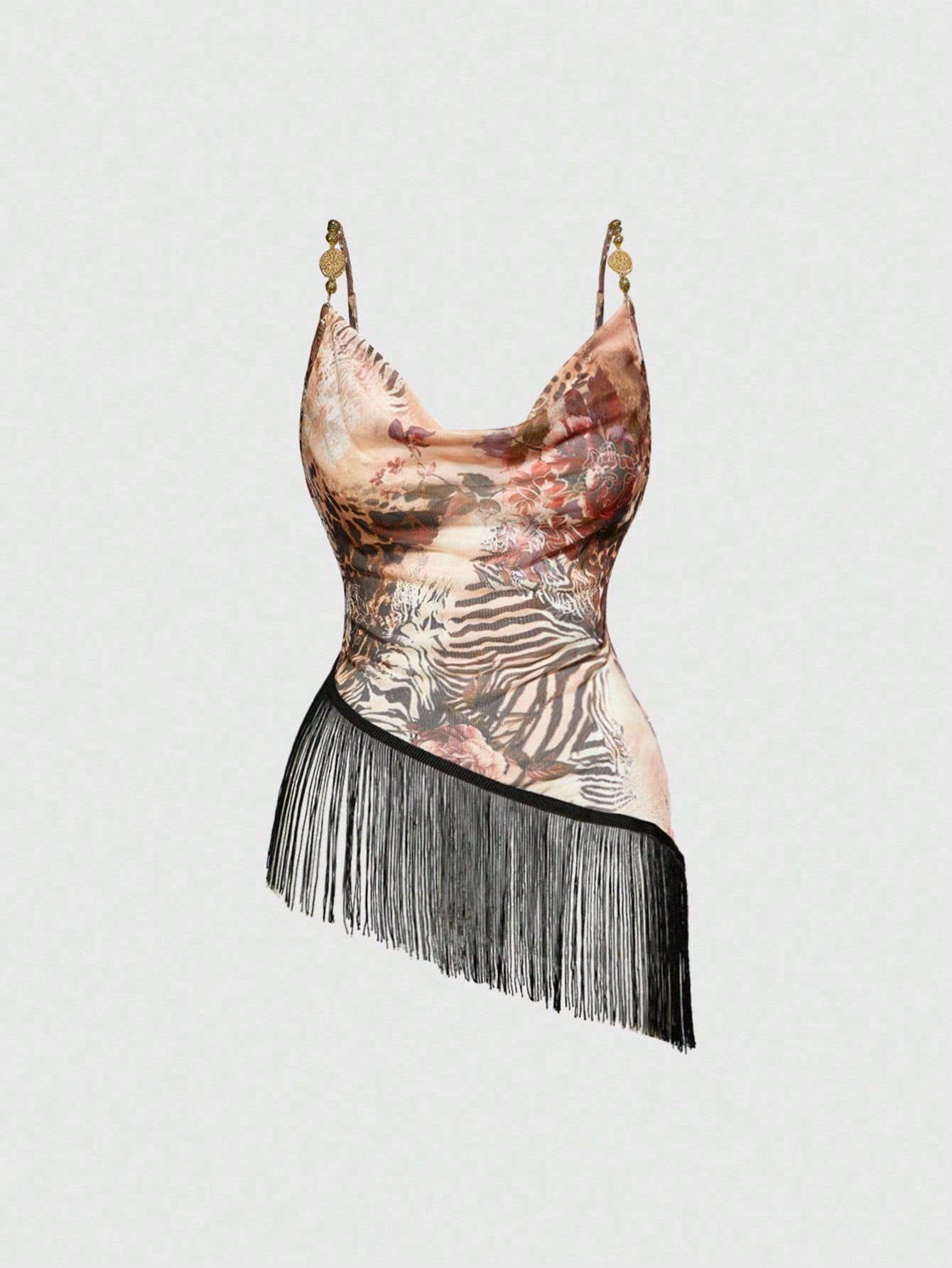 ROMWE Hippie Top transparente y sexy con escote profundo, estampado de leopardo y rosas, adornado con flecos en el bajo, estilo vintage bohemio para festivales de música
