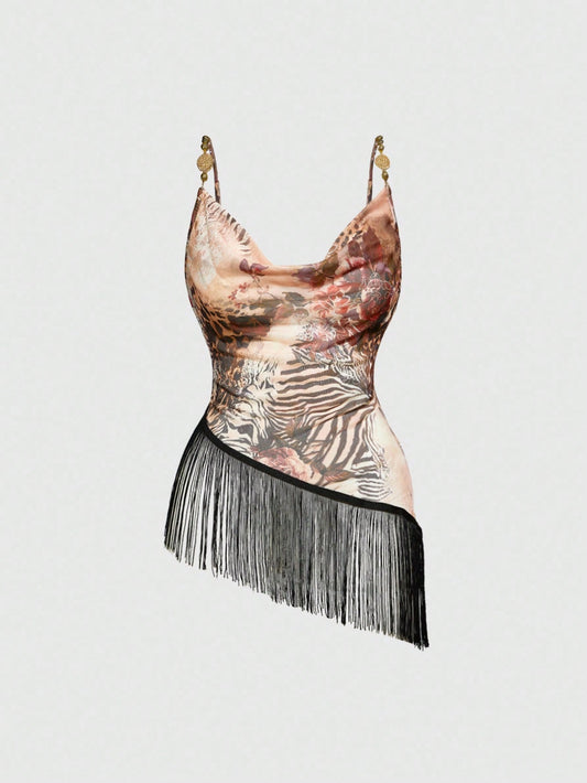 ROMWE Hippie Top transparente y sexy con escote profundo, estampado de leopardo y rosas, adornado con flecos en el bajo, estilo vintage bohemio para festivales de música