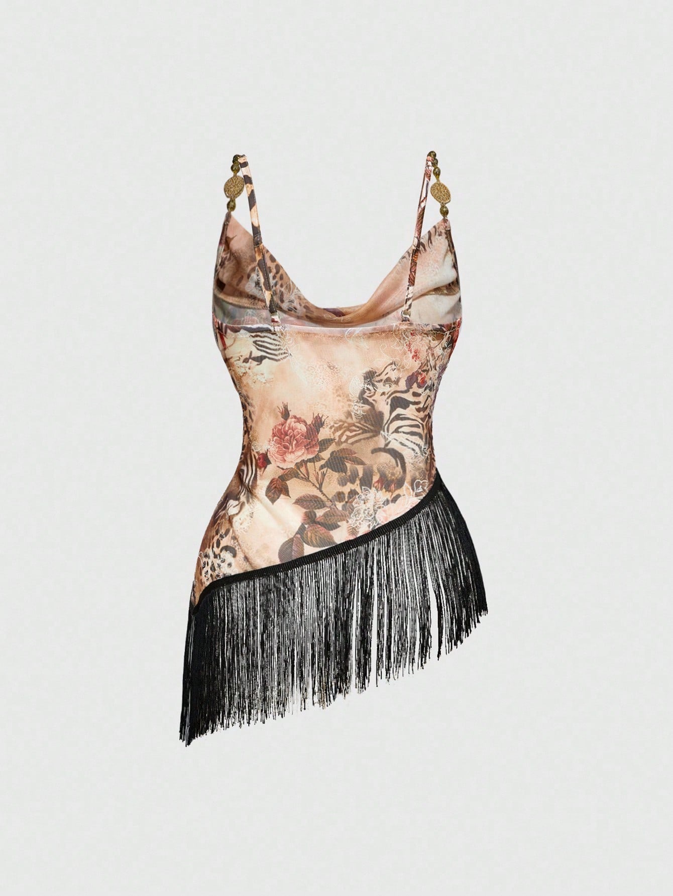 ROMWE Hippie Top transparente y sexy con escote profundo, estampado de leopardo y rosas, adornado con flecos en el bajo, estilo vintage bohemio para festivales de música