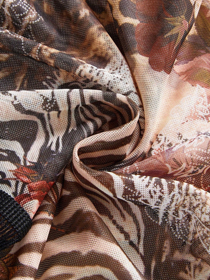 ROMWE Hippie Top transparente y sexy con escote profundo, estampado de leopardo y rosas, adornado con flecos en el bajo, estilo vintage bohemio para festivales de música