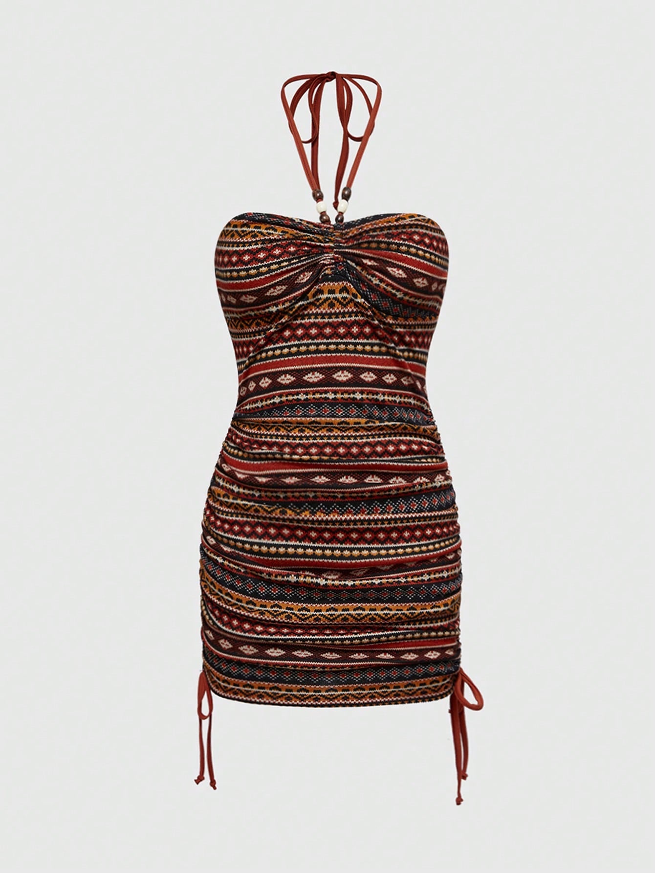 ROMWE Hippie Vestido con cordón para el cuello con estampado de tótem retro hippie para mujeres