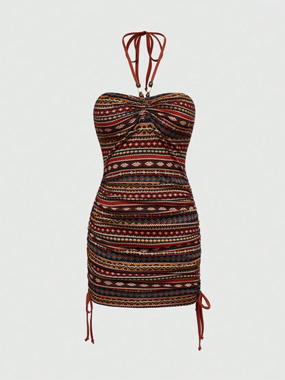 ROMWE Hippie Vestido con cordón para el cuello con estampado de tótem retro hippie para mujeres