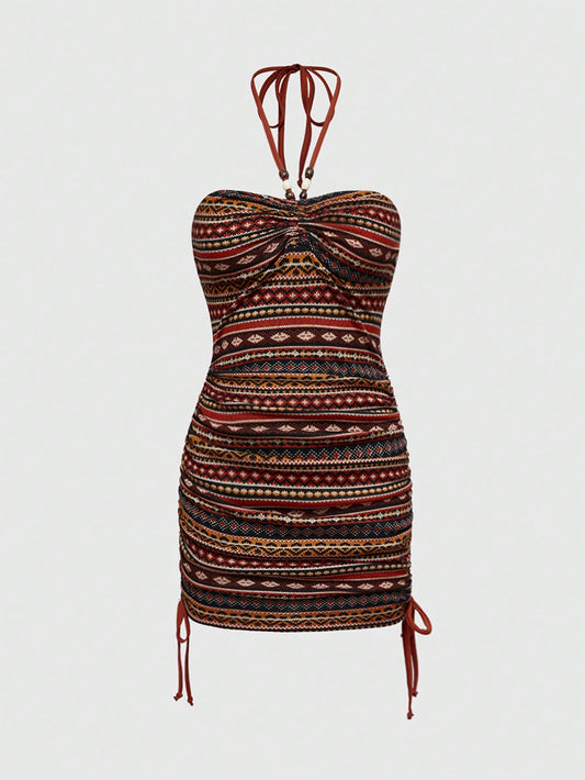 ROMWE Hippie Vestido con cordón para el cuello con estampado de tótem retro hippie para mujeres