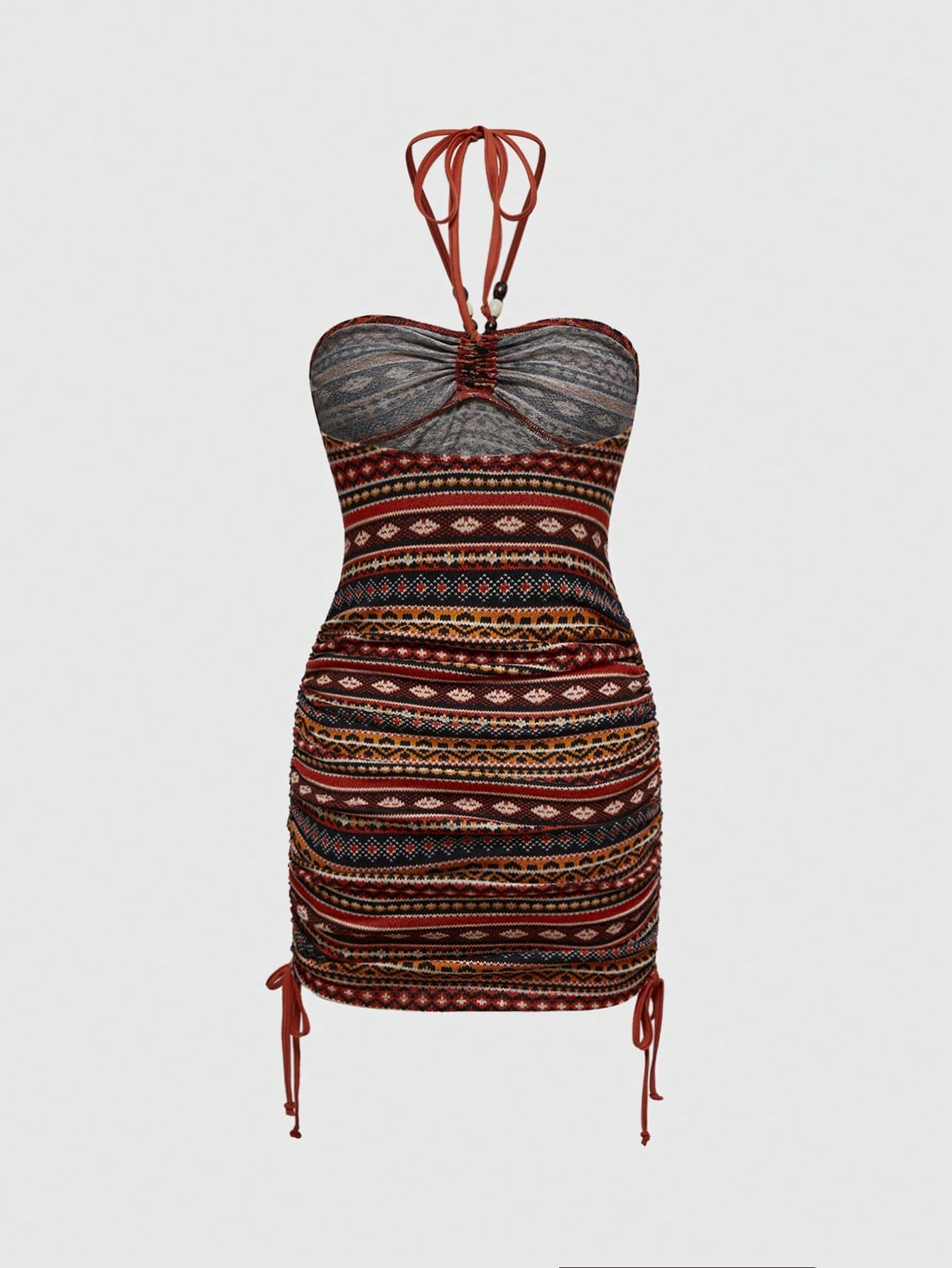 ROMWE Hippie Vestido con cordón para el cuello con estampado de tótem retro hippie para mujeres