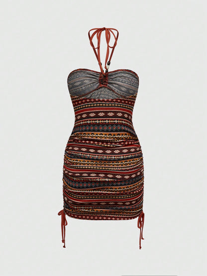 ROMWE Hippie Vestido con cordón para el cuello con estampado de tótem retro hippie para mujeres