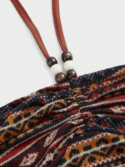 ROMWE Hippie Vestido con cordón para el cuello con estampado de tótem retro hippie para mujeres