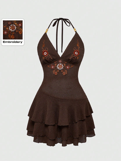 ROMWE Hippie Vestido informal mini con cuello halter, bajo con volantes, bordado con floral y tótem estilo hippie Y2K para mujeres