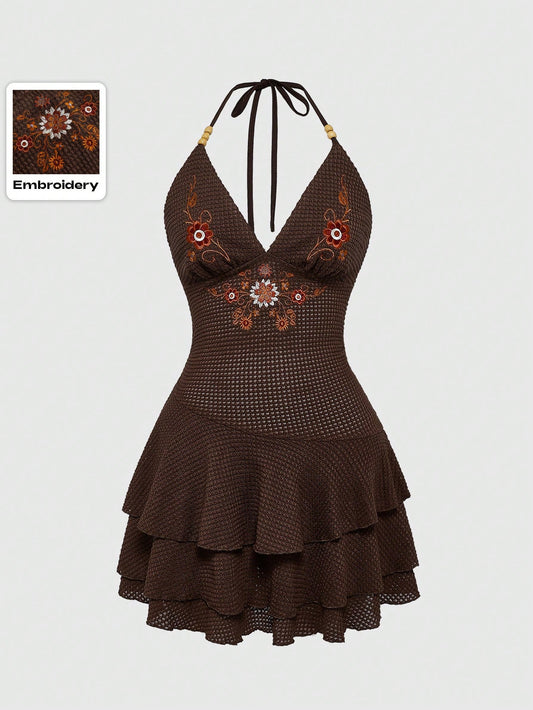ROMWE Hippie Vestido informal mini con cuello halter, bajo con volantes, bordado con floral y tótem estilo hippie Y2K para mujeres