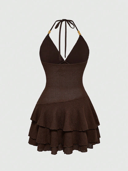 ROMWE Hippie Vestido informal mini con cuello halter, bajo con volantes, bordado con floral y tótem estilo hippie Y2K para mujeres