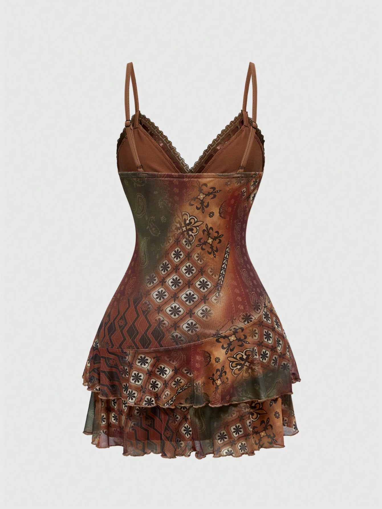 ROMWE Hippie Vestido mini con estampado de paisley con volantes, encaje y cinta estilo vintage hippie retro para mujeres