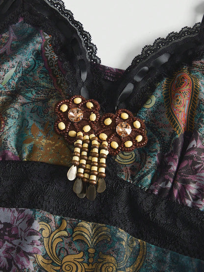 ROMWE Hippie Vestido mini vintage hippie de vacaciones con estampado de paisley, detalles con flecos y volantes en el bajo para mujeres