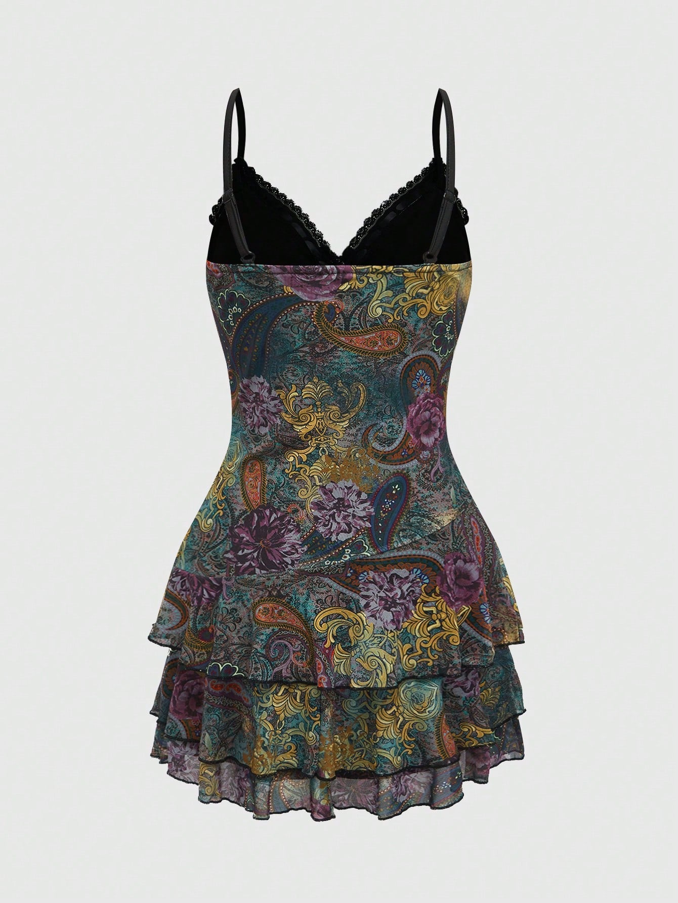 ROMWE Hippie Vestido mini vintage hippie de vacaciones con estampado de paisley, detalles con flecos y volantes en el bajo para mujeres